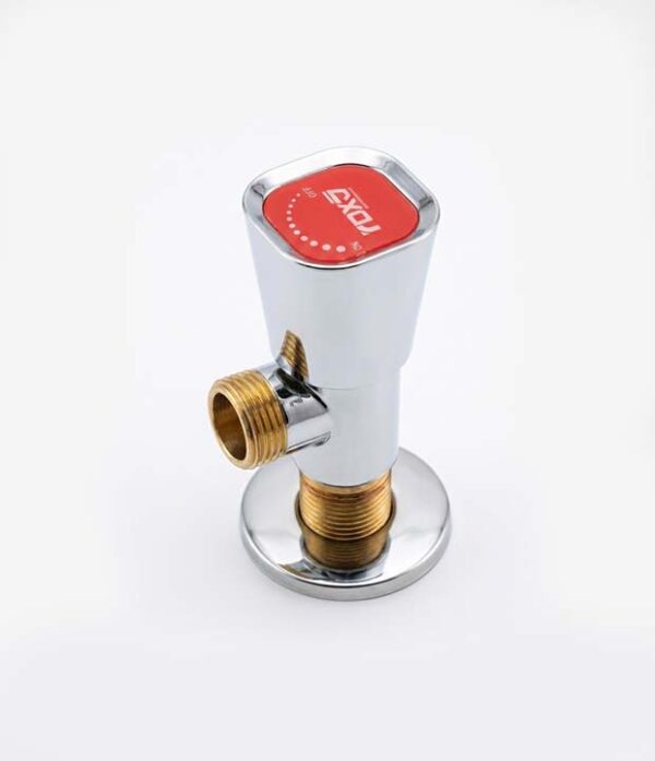 ROXO Elite Red angle valve with polished chrome body and red status indicator.